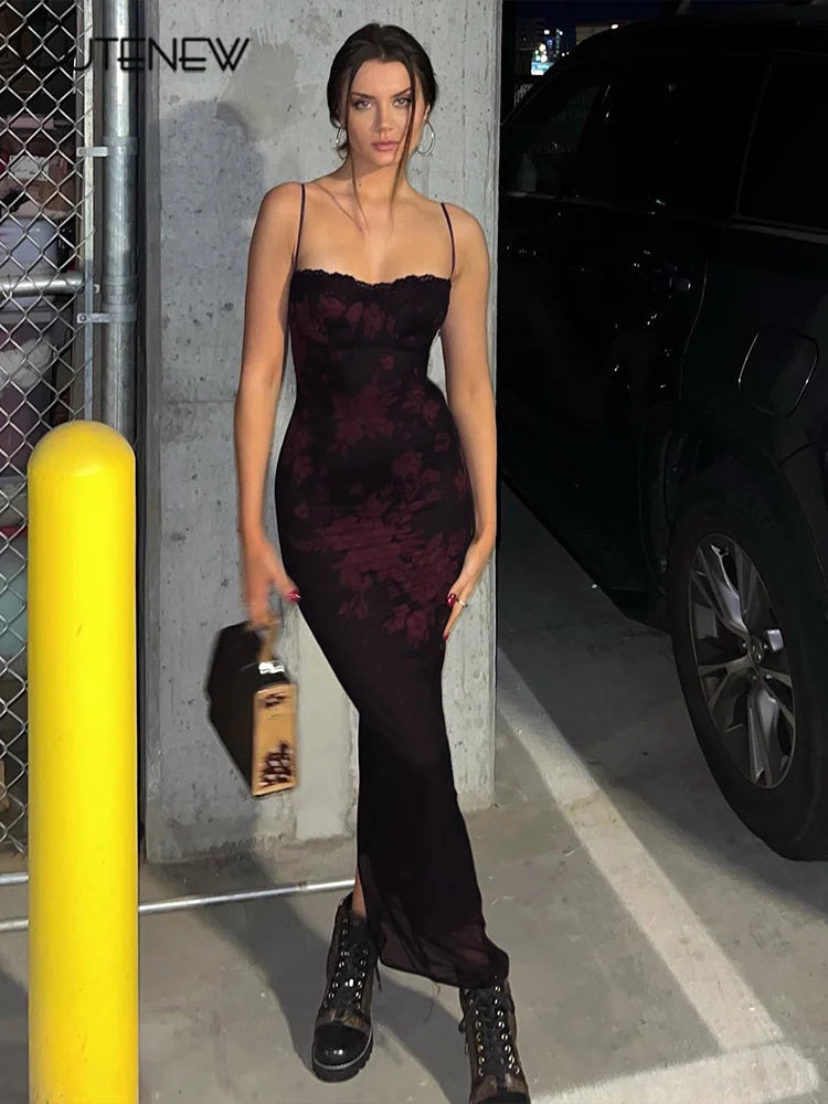 Women's Lace Red Floral Printed Maxi Dress with Wrap Chest Strap and Backless Slim Fit Elegant Robe for Ladies Clubwear