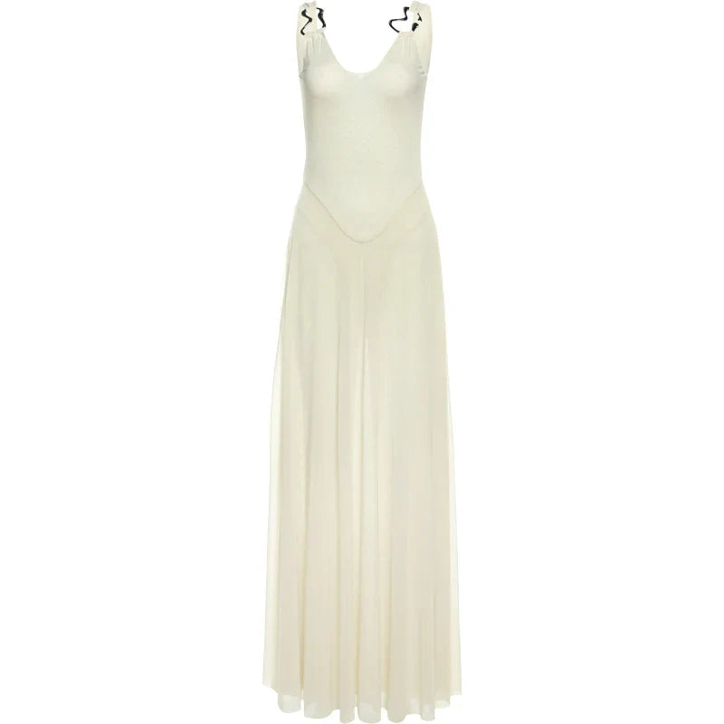 Elegant Mesh V-Neck Maxi Dress with Metal Buckle and Bodycon Fit for Summer Occasions