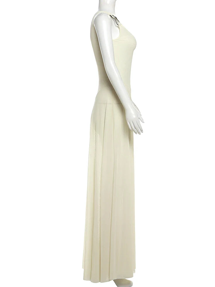 Elegant Mesh V-Neck Maxi Dress with Metal Buckle and Bodycon Fit for Summer Occasions