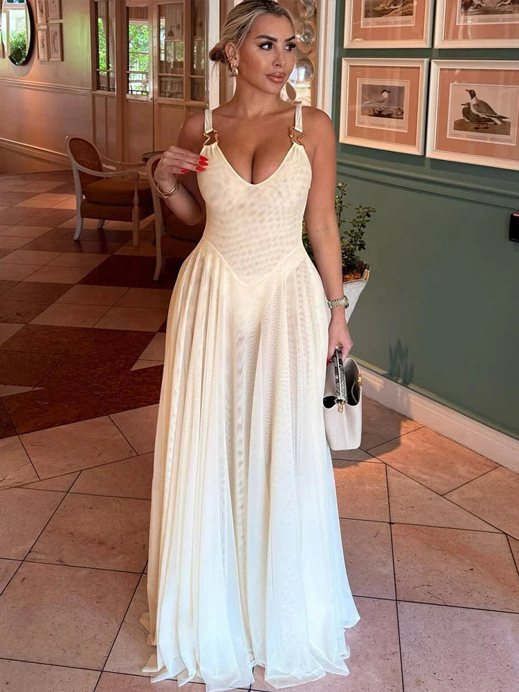 Elegant Mesh V-Neck Maxi Dress with Metal Buckle and Bodycon Fit for Summer Occasions