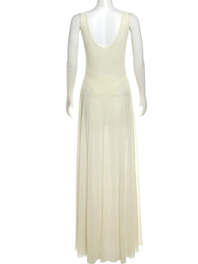 Elegant Mesh V-Neck Maxi Dress with Metal Buckle and Bodycon Fit for Summer Occasions