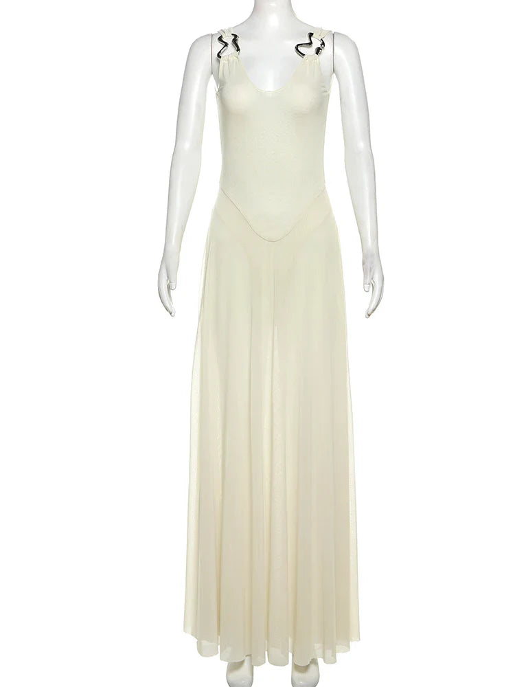 Elegant Mesh V-Neck Maxi Dress with Metal Buckle and Bodycon Fit for Summer Occasions