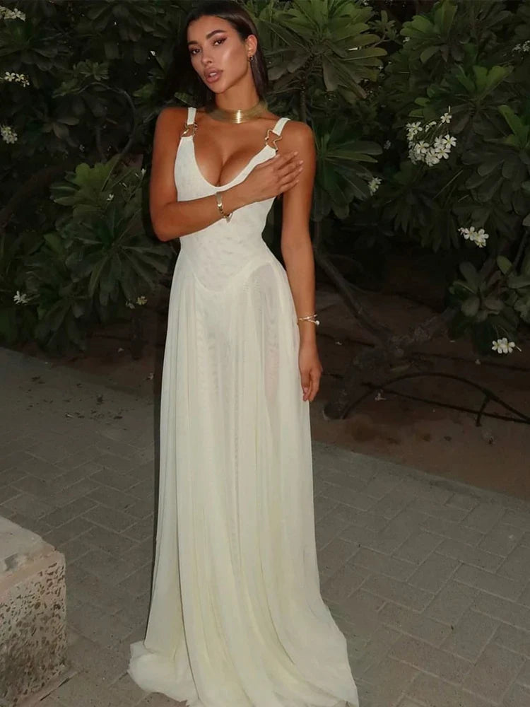 Elegant Mesh V-Neck Maxi Dress with Metal Buckle and Bodycon Fit for Summer Occasions