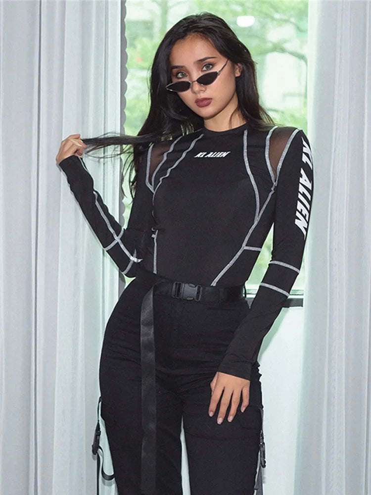 Mesh Colorblock Half Turtleneck Letter Print Long Sleeve Topstitching Bottoming Shirt for Women