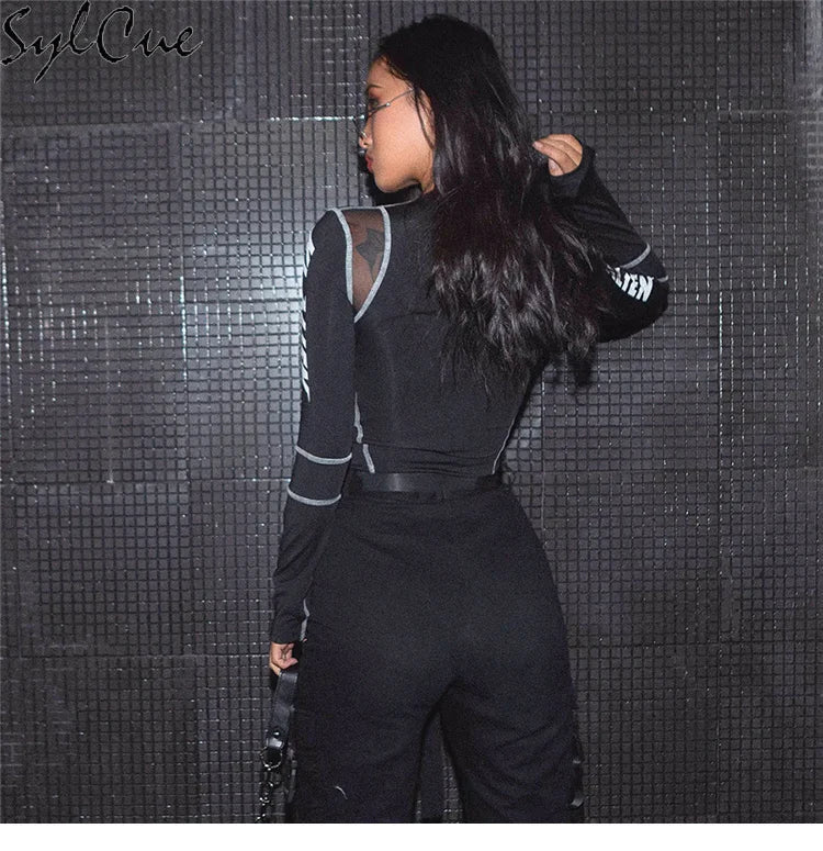 Mesh Colorblock Half Turtleneck Letter Print Long Sleeve Topstitching Bottoming Shirt for Women