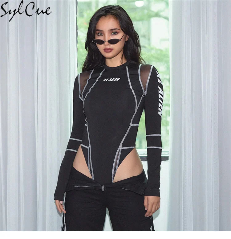 Mesh Colorblock Half Turtleneck Letter Print Long Sleeve Topstitching Bottoming Shirt for Women