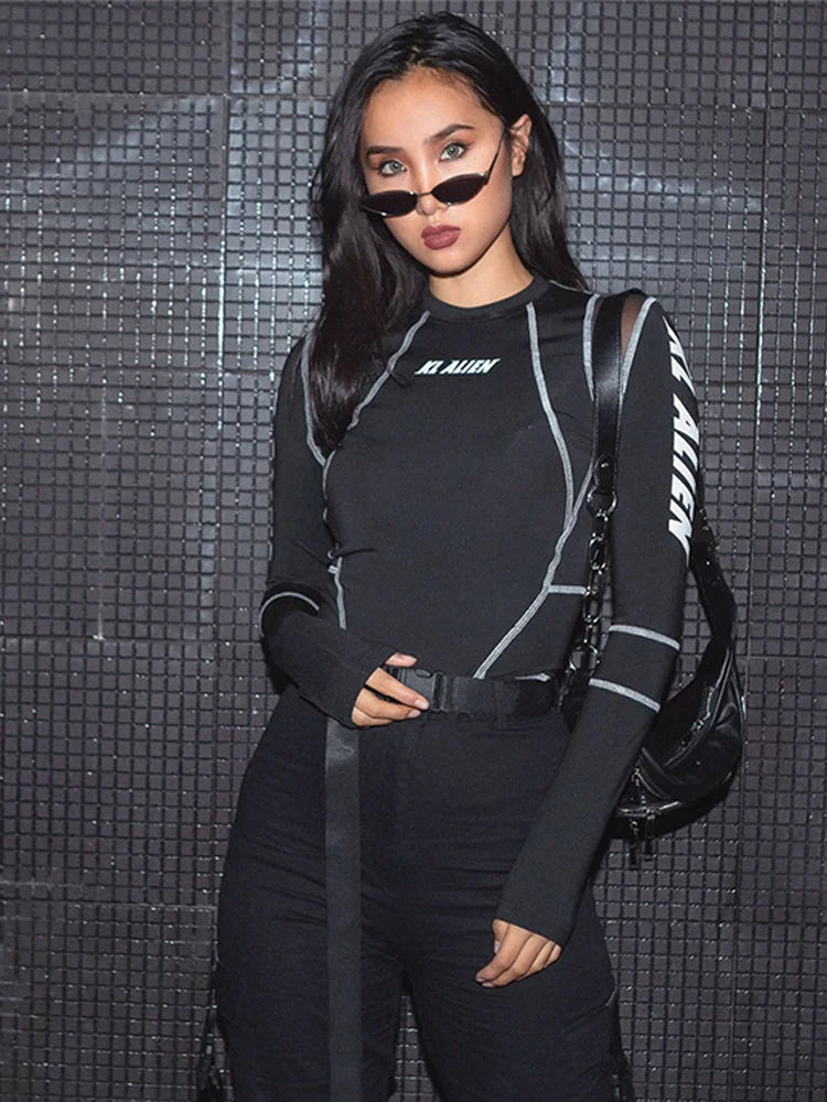 Mesh Colorblock Half Turtleneck Letter Print Long Sleeve Topstitching Bottoming Shirt for Women