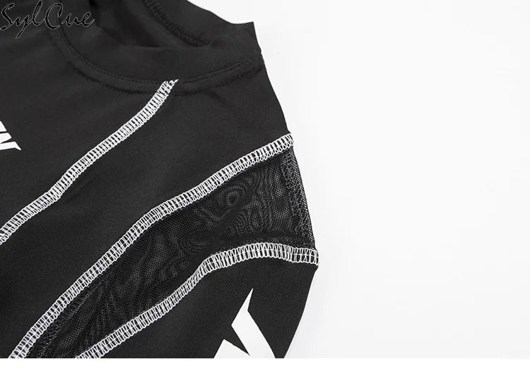 Mesh Colorblock Half Turtleneck Letter Print Long Sleeve Topstitching Bottoming Shirt for Women