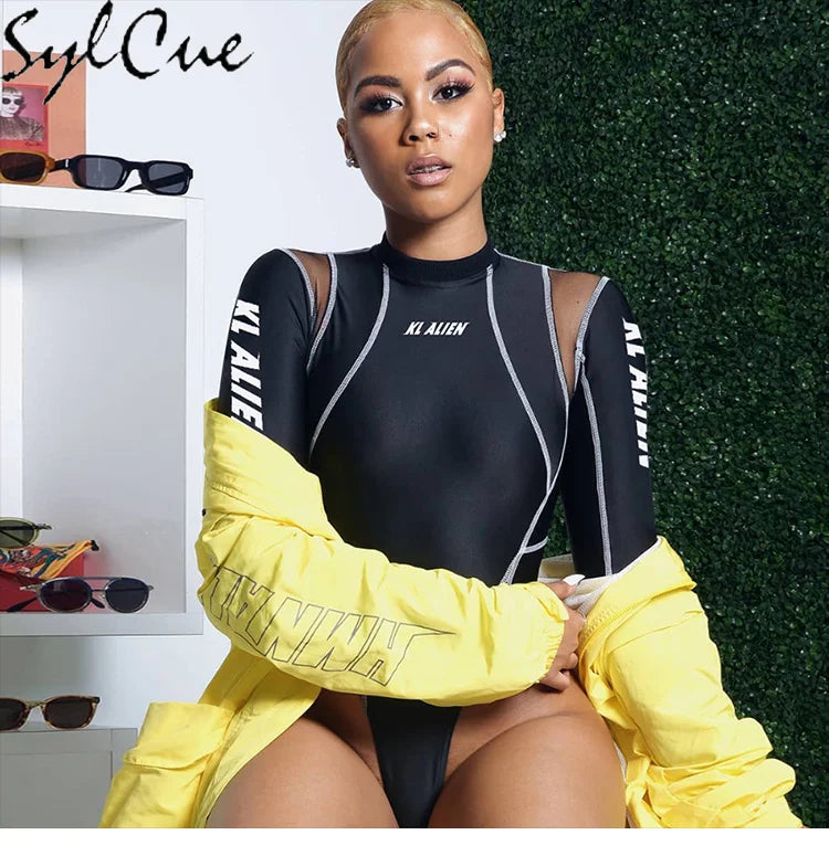 Mesh Colorblock Half Turtleneck Letter Print Long Sleeve Topstitching Bottoming Shirt for Women