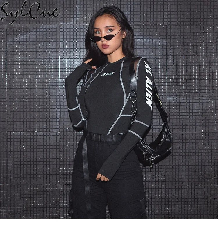 Mesh Colorblock Half Turtleneck Letter Print Long Sleeve Topstitching Bottoming Shirt for Women