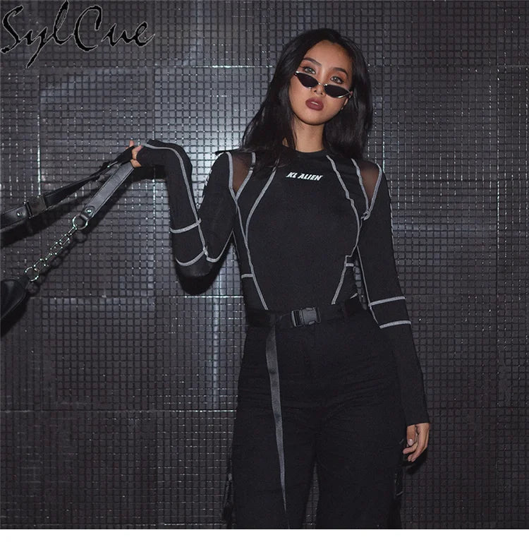 Mesh Colorblock Half Turtleneck Letter Print Long Sleeve Topstitching Bottoming Shirt for Women