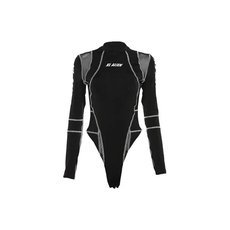 Mesh Colorblock Half Turtleneck Letter Print Long Sleeve Topstitching Bottoming Shirt for Women