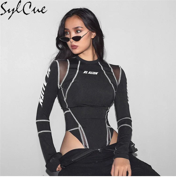 Mesh Colorblock Half Turtleneck Letter Print Long Sleeve Topstitching Bottoming Shirt for Women