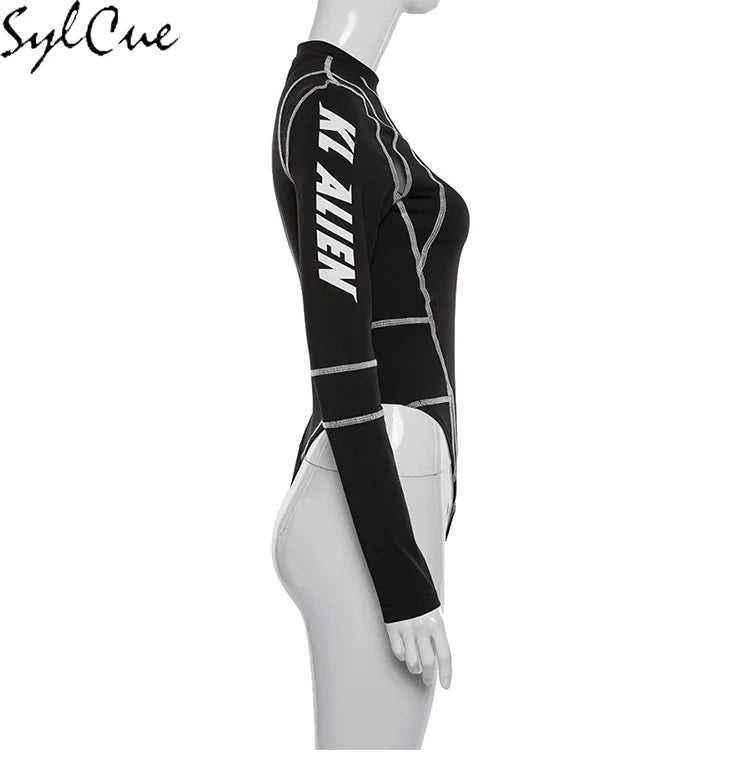 Mesh Colorblock Half Turtleneck Letter Print Long Sleeve Topstitching Bottoming Shirt for Women