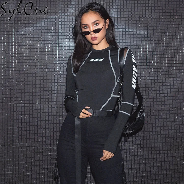 Mesh Colorblock Half Turtleneck Letter Print Long Sleeve Topstitching Bottoming Shirt for Women