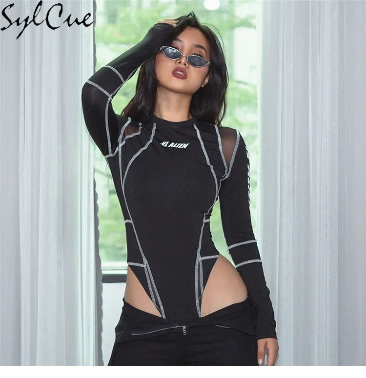 Mesh Colorblock Half Turtleneck Letter Print Long Sleeve Topstitching Bottoming Shirt for Women