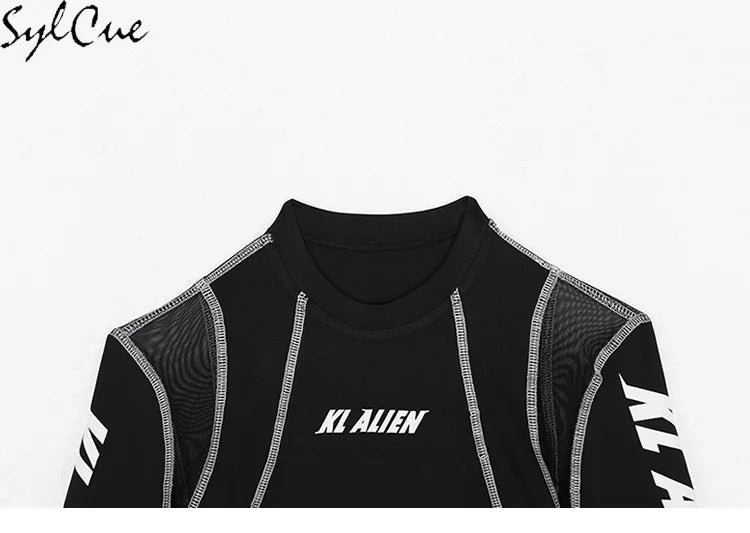 Mesh Colorblock Half Turtleneck Letter Print Long Sleeve Topstitching Bottoming Shirt for Women