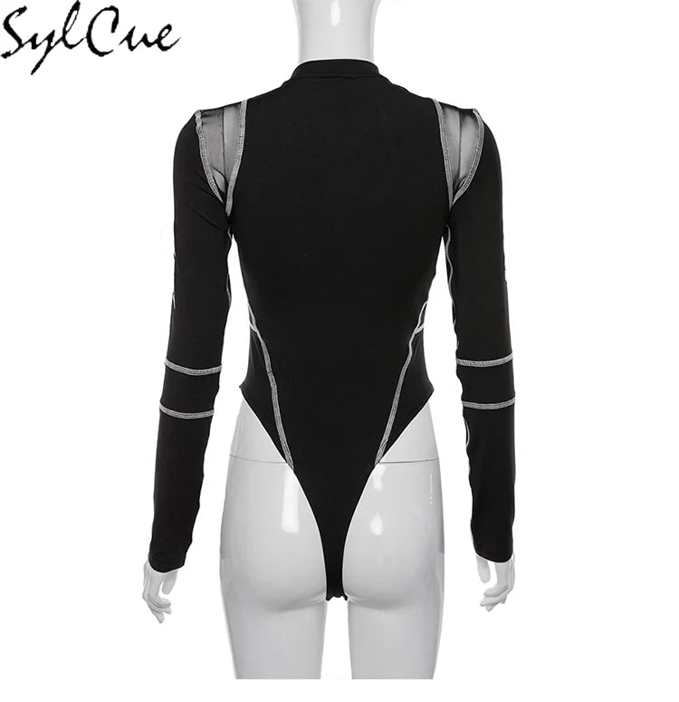 Mesh Colorblock Half Turtleneck Letter Print Long Sleeve Topstitching Bottoming Shirt for Women