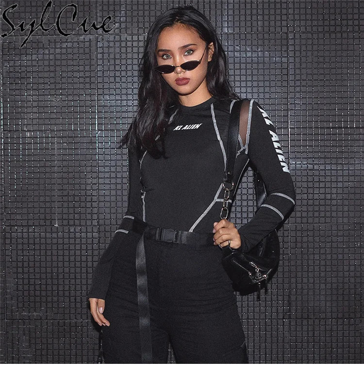 Mesh Colorblock Half Turtleneck Letter Print Long Sleeve Topstitching Bottoming Shirt for Women