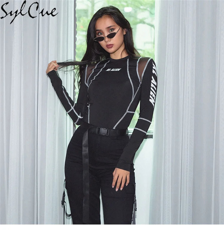 Mesh Colorblock Half Turtleneck Letter Print Long Sleeve Topstitching Bottoming Shirt for Women