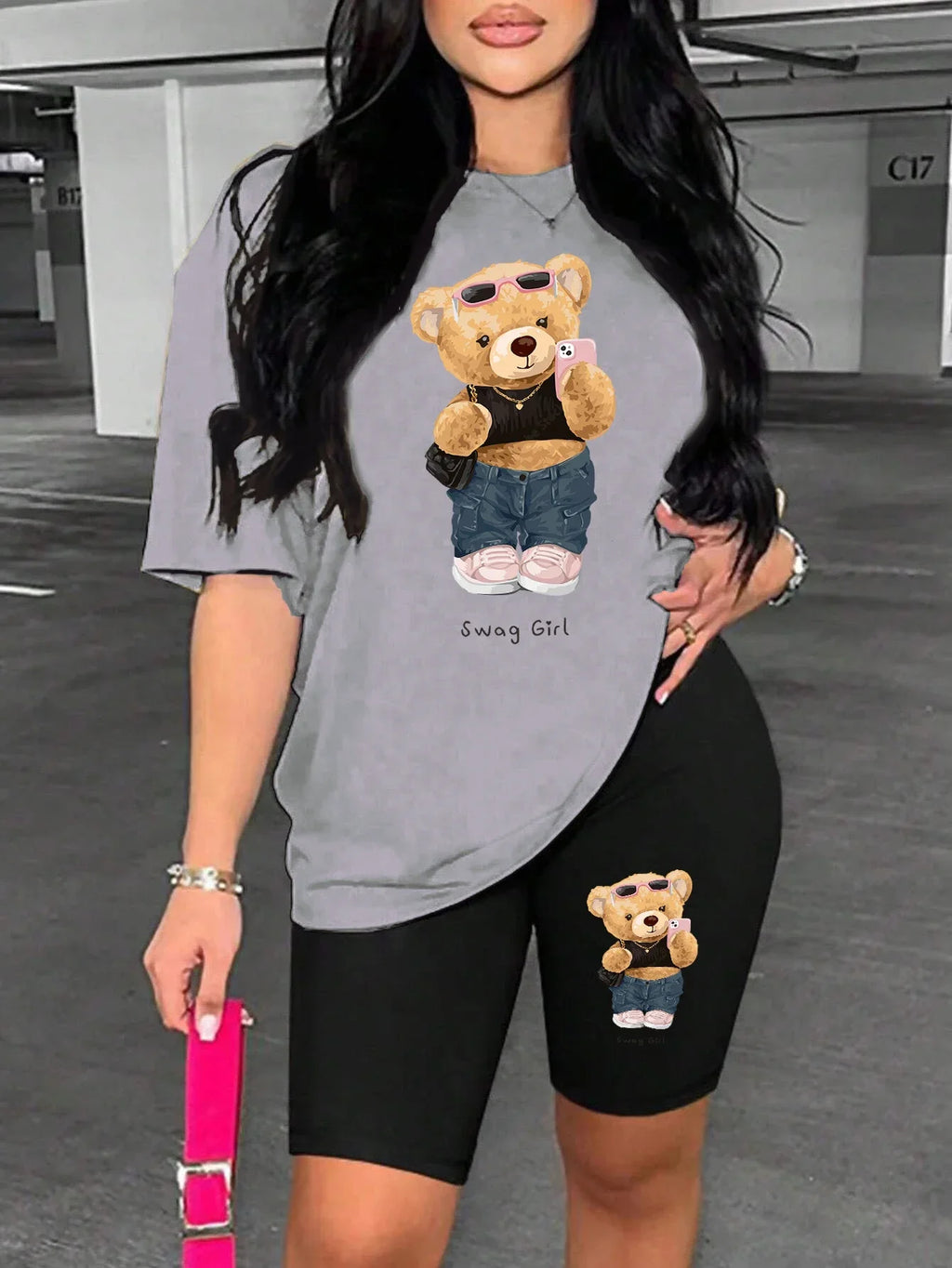 Cute Plush Bear Two Piece Women's Soft Short Sleeve Shirt and Comfy Shorts Set for Casual Sportswear