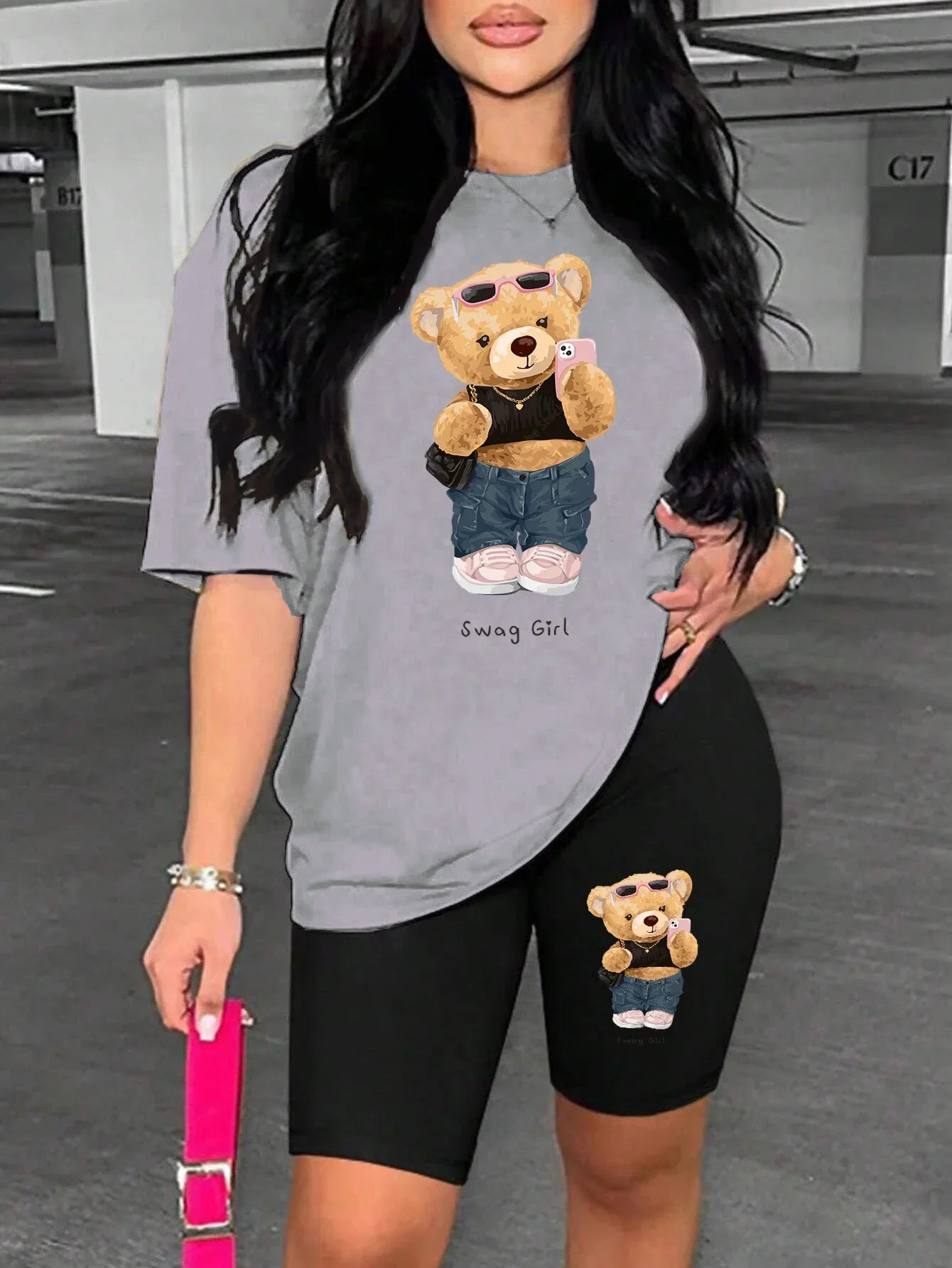 Cute Plush Bear Two Piece Women's Soft Short Sleeve Shirt and Comfy Shorts Set for Casual Sportswear