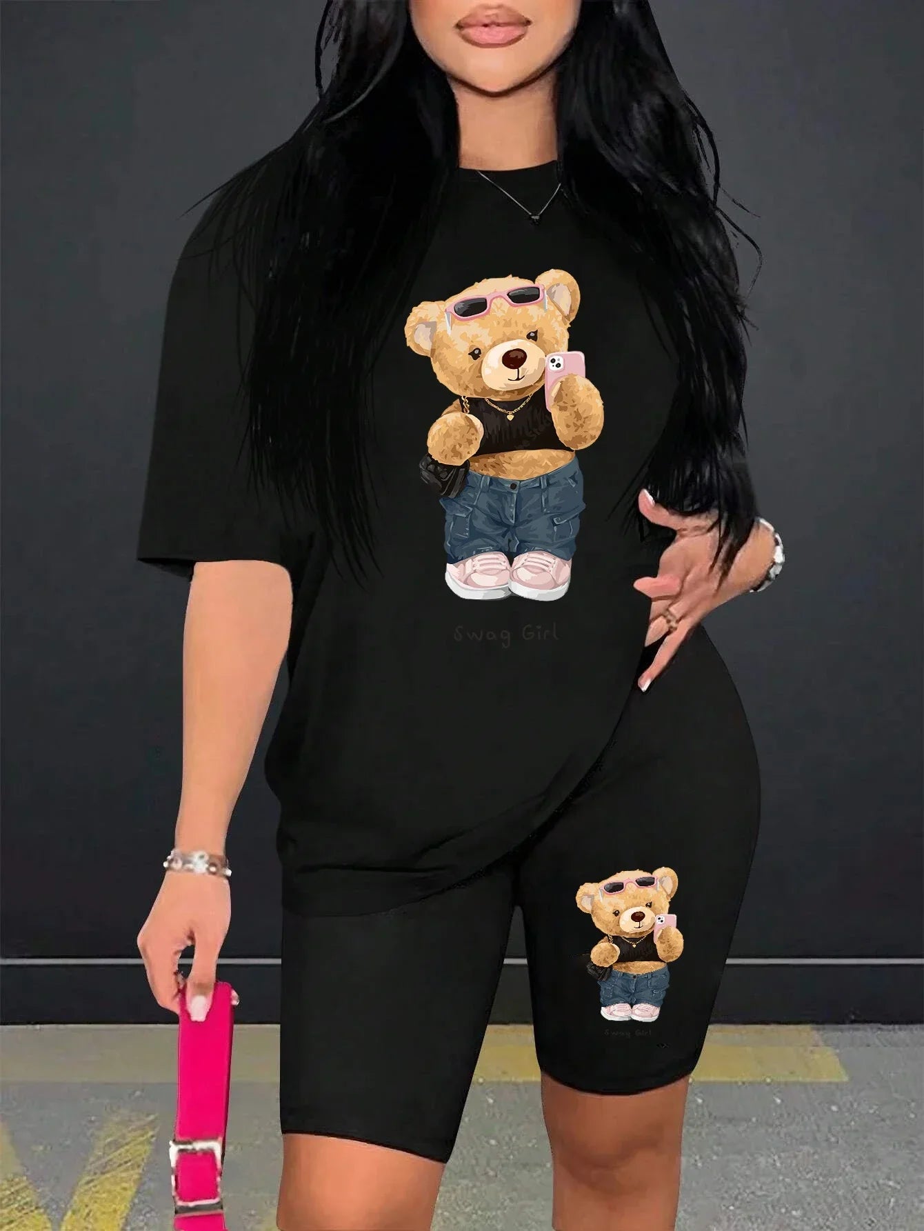 Cute Plush Bear Two Piece Women's Soft Short Sleeve Shirt and Comfy Shorts Set for Casual Sportswear