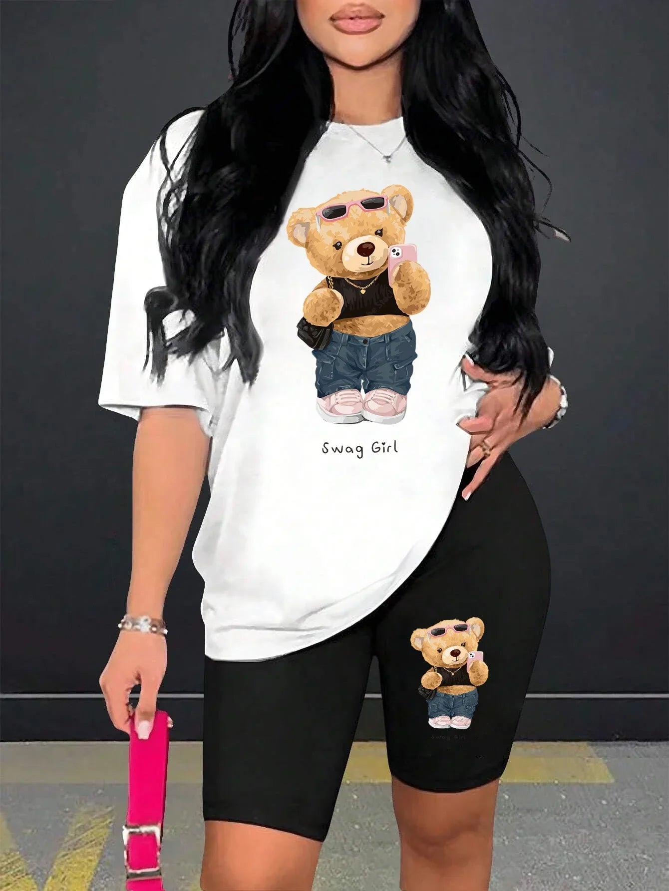 Cute Plush Bear Two Piece Women's Soft Short Sleeve Shirt and Comfy Shorts Set for Casual Sportswear