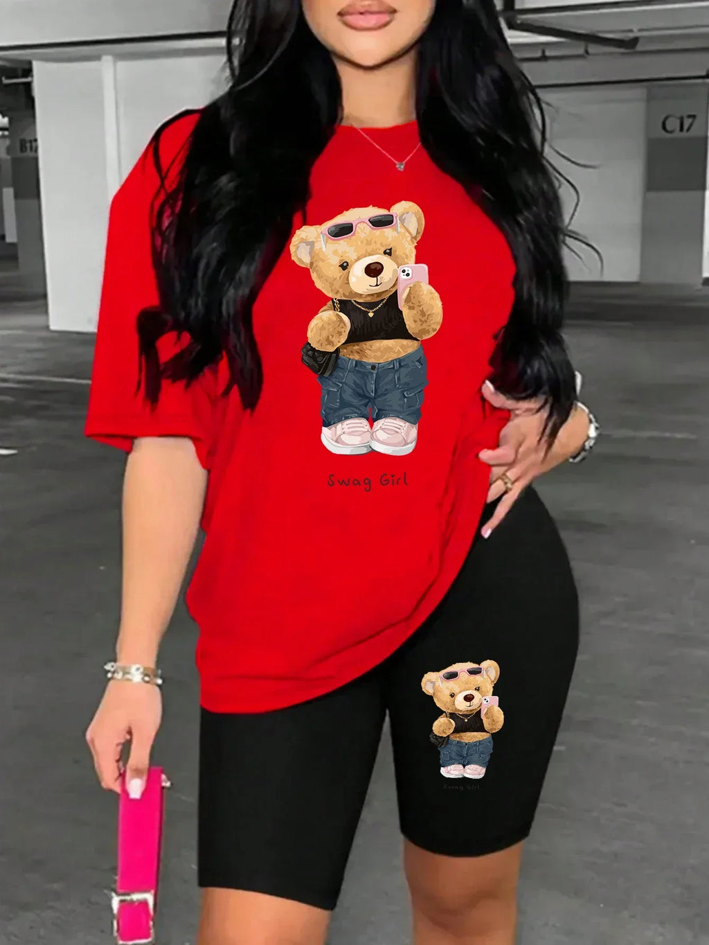 Cute Plush Bear Two Piece Women's Soft Short Sleeve Shirt and Comfy Shorts Set for Casual Sportswear