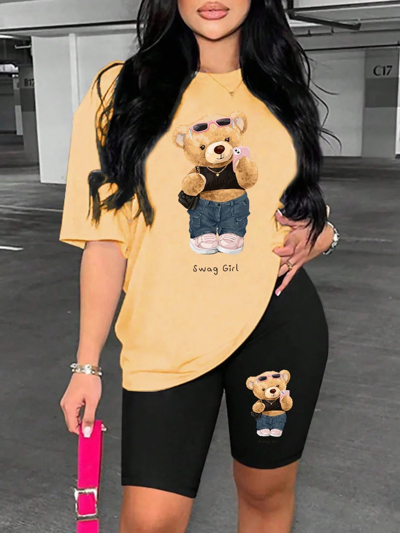 Cute Plush Bear Two Piece Women's Soft Short Sleeve Shirt and Comfy Shorts Set for Casual Sportswear