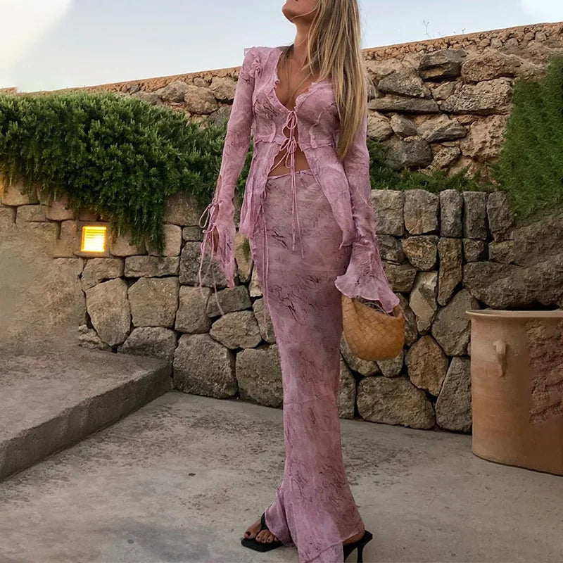 Sexy Chiffon V Neck Printed Beach Cardigan and Long Maxi Skirt Two Piece Set for Women with Bandage Detail and Ruffle Accents