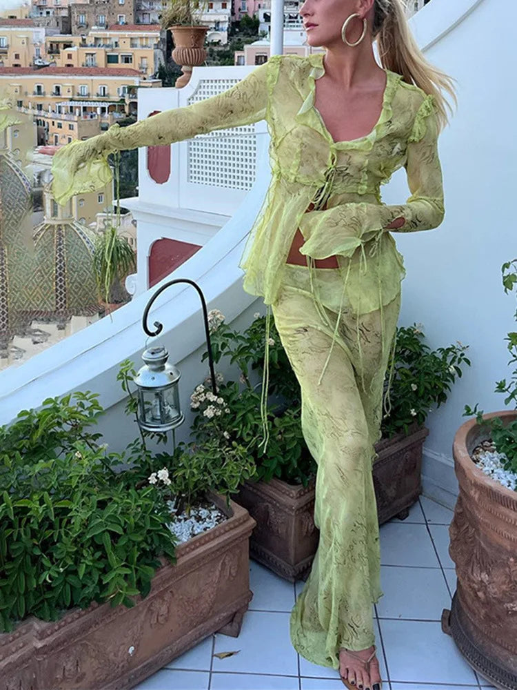 Sexy Chiffon V Neck Printed Beach Cardigan and Long Maxi Skirt Two Piece Set for Women with Bandage Detail and Ruffle Accents