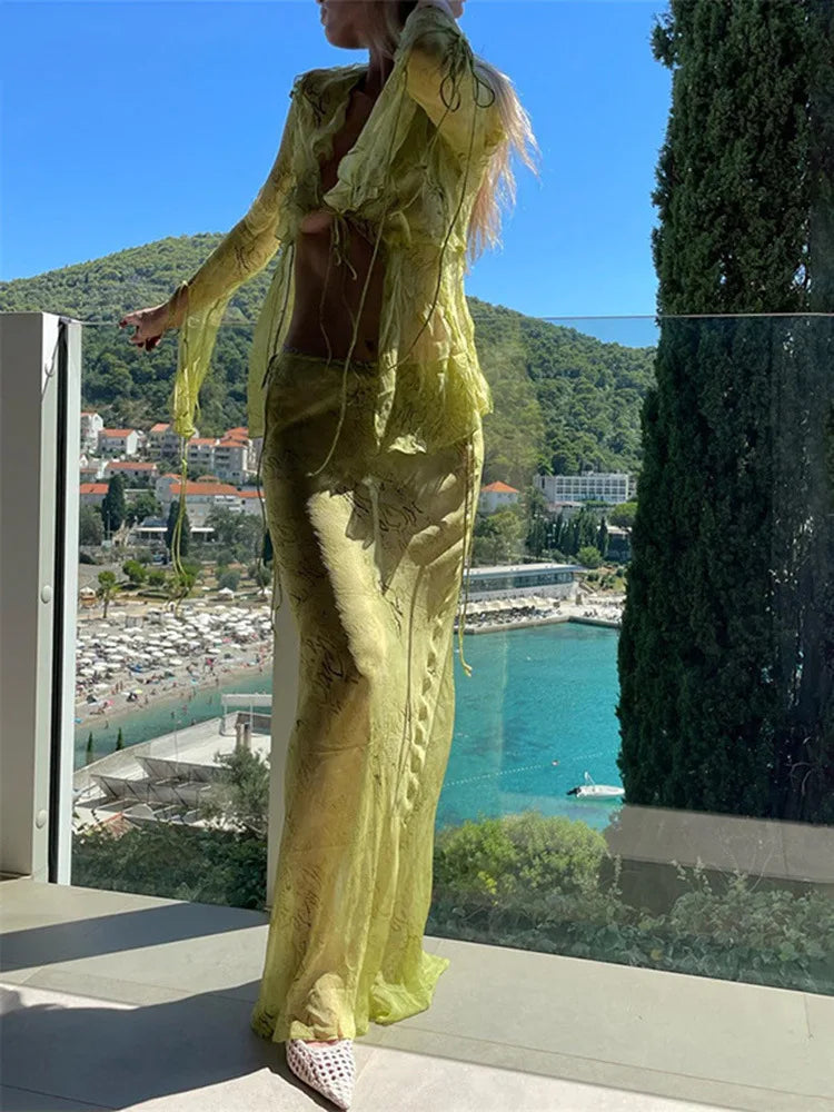 Sexy Chiffon V Neck Printed Beach Cardigan and Long Maxi Skirt Two Piece Set for Women with Bandage Detail and Ruffle Accents