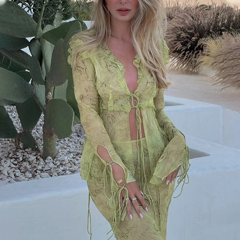 Sexy Chiffon V Neck Printed Beach Cardigan and Long Maxi Skirt Two Piece Set for Women with Bandage Detail and Ruffle Accents