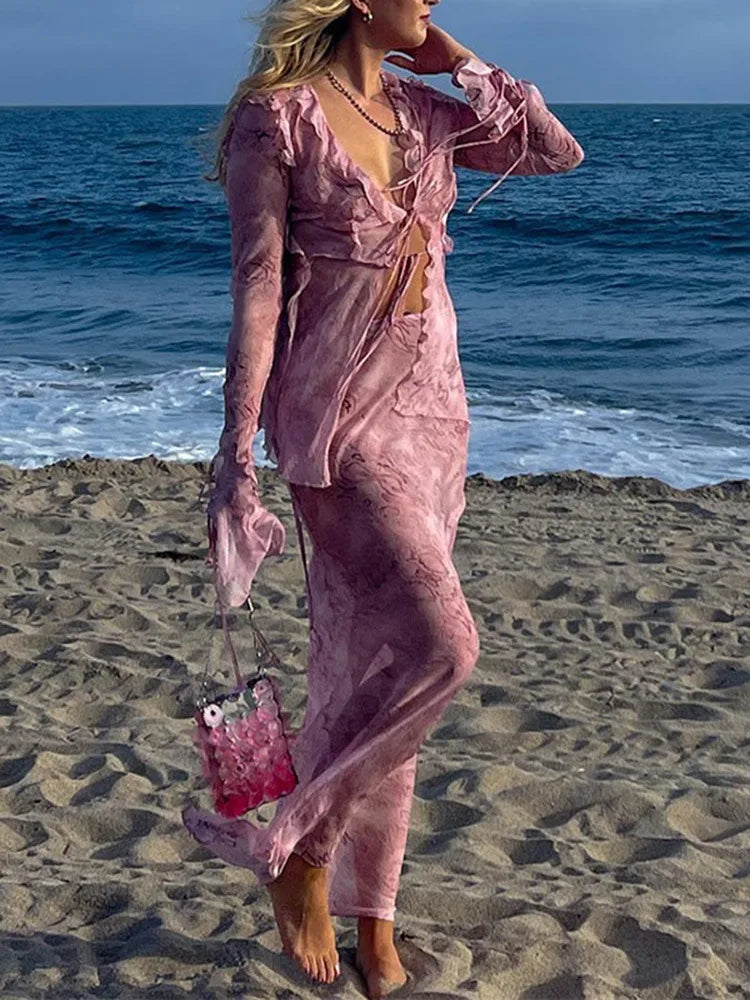 Sexy Chiffon V Neck Printed Beach Cardigan and Long Maxi Skirt Two Piece Set for Women with Bandage Detail and Ruffle Accents