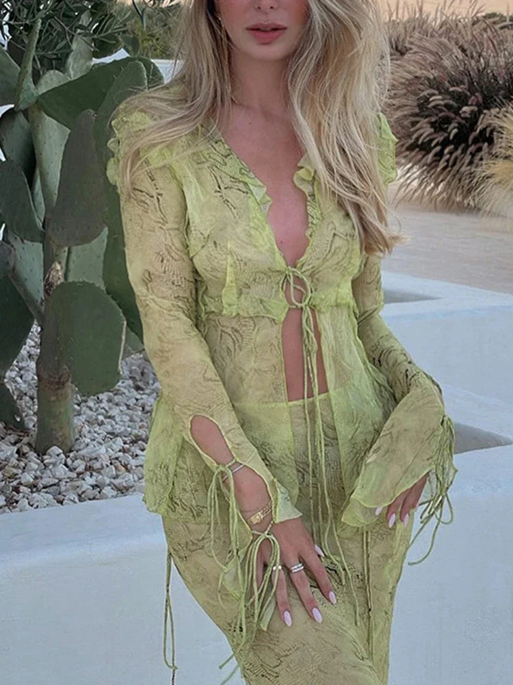 Sexy Chiffon V Neck Printed Beach Cardigan and Long Maxi Skirt Two Piece Set for Women with Bandage Detail and Ruffle Accents