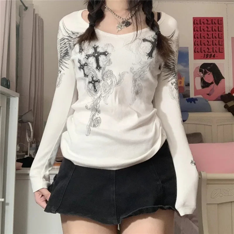 Vintage 2000s Aesthetic Long Sleeve T Shirt with Graphic Cross Wings Print Fairycore Grunge Y2K Streetwear Top for Women