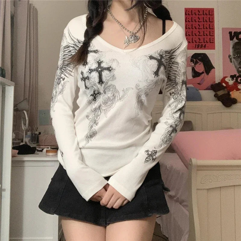Vintage 2000s Aesthetic Long Sleeve T Shirt with Graphic Cross Wings Print Fairycore Grunge Y2K Streetwear Top for Women
