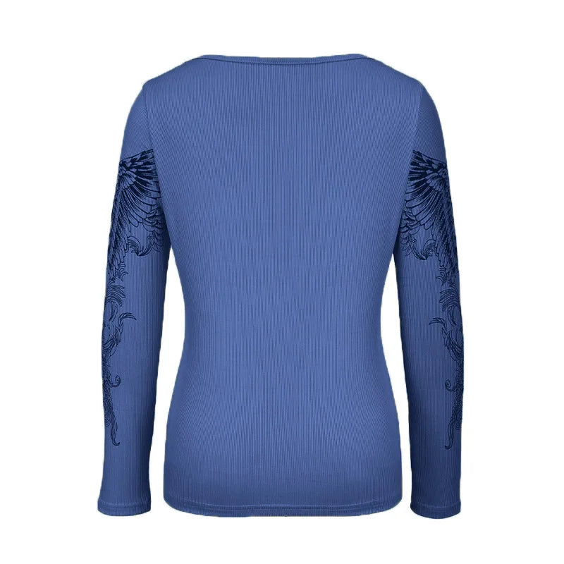 Women's Long Sleeve Graphic T-shirt with Cross Wings Print Shallow V Neck Y2k Punk Harajuku Streetwear Top