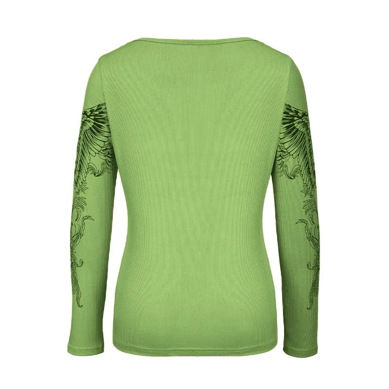 Women's Long Sleeve Graphic T-shirt with Cross Wings Print Shallow V Neck Y2k Punk Harajuku Streetwear Top