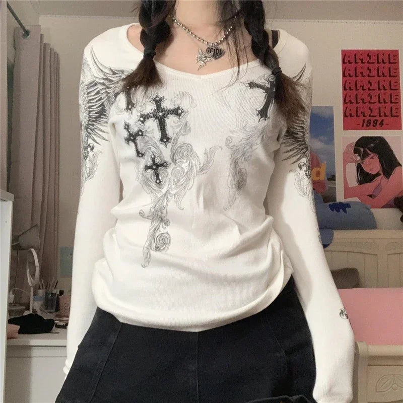 Women's Long Sleeve Graphic T-shirt with Cross Wings Print Shallow V Neck Y2k Punk Harajuku Streetwear Top