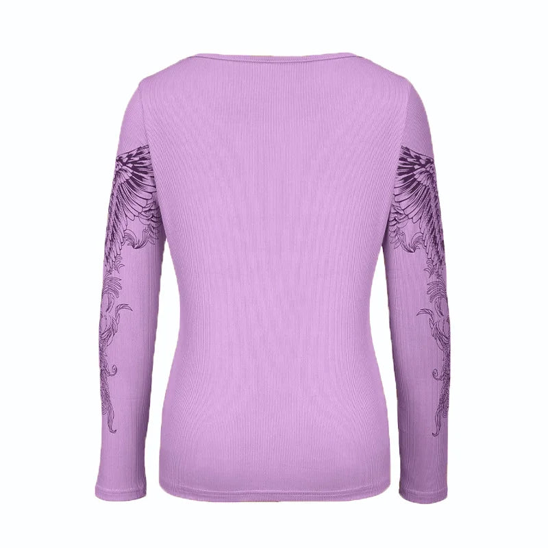 Women's Long Sleeve Graphic T-shirt with Cross Wings Print Shallow V Neck Y2k Punk Harajuku Streetwear Top