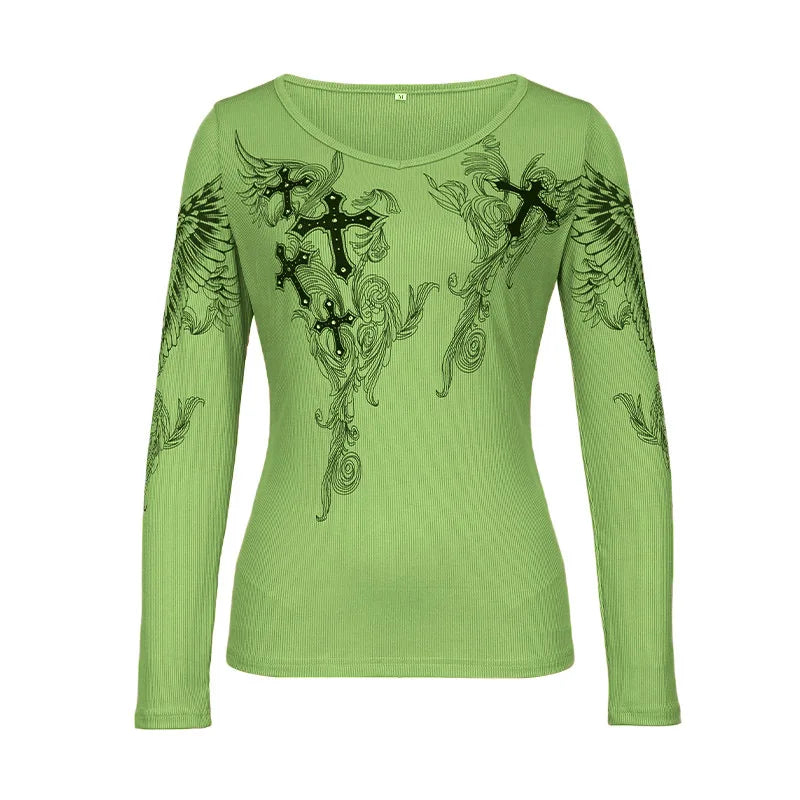 Women's Long Sleeve Graphic T-shirt with Cross Wings Print Shallow V Neck Y2k Punk Harajuku Streetwear Top