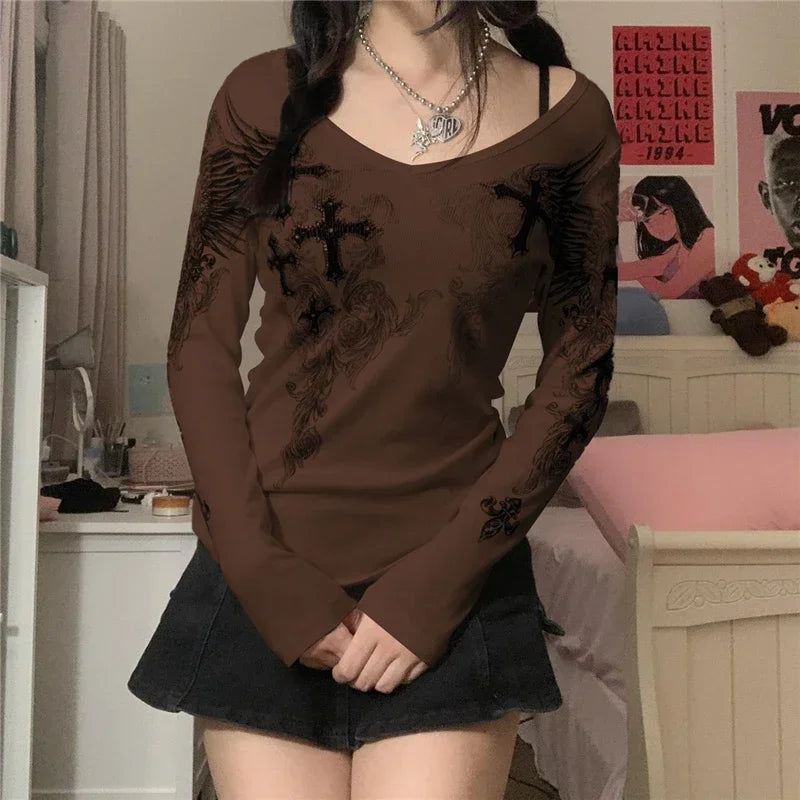 Women's Long Sleeve Graphic T-shirt with Cross Wings Print Shallow V Neck Y2k Punk Harajuku Streetwear Top