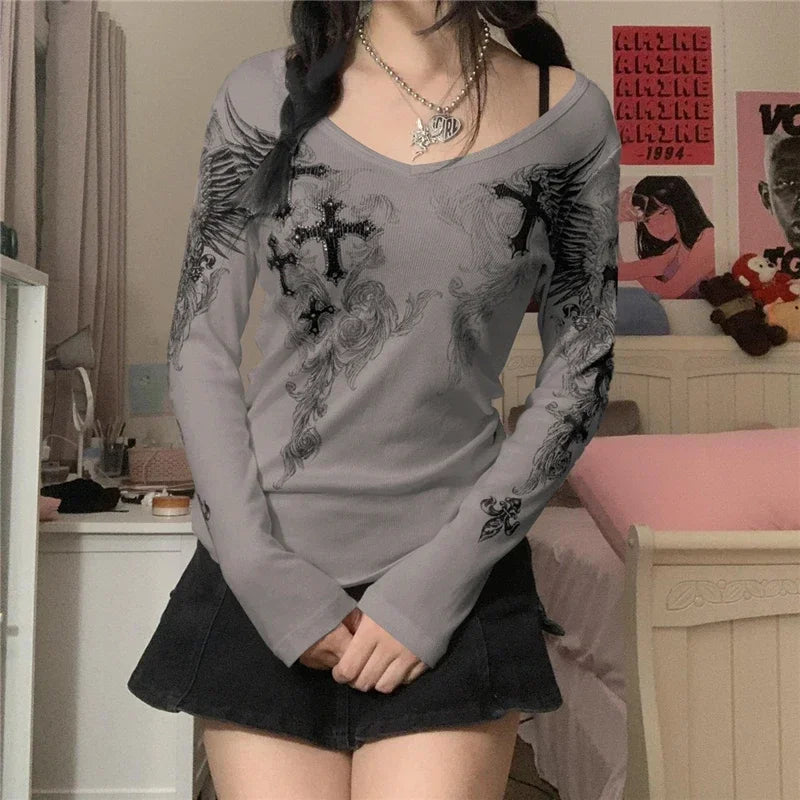 Women's Long Sleeve Graphic T-shirt with Cross Wings Print Shallow V Neck Y2k Punk Harajuku Streetwear Top