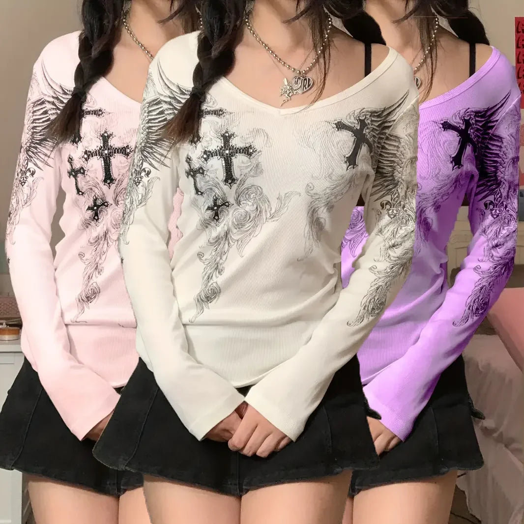 Women's Long Sleeve Graphic T-shirt with Cross Wings Print Shallow V Neck Y2k Punk Harajuku Streetwear Top