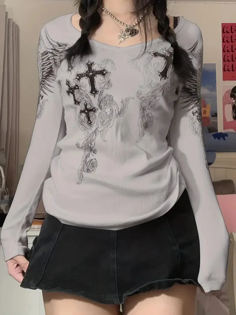 Women's Long Sleeve Graphic T-shirt with Cross Wings Print Shallow V Neck Y2k Punk Harajuku Streetwear Top