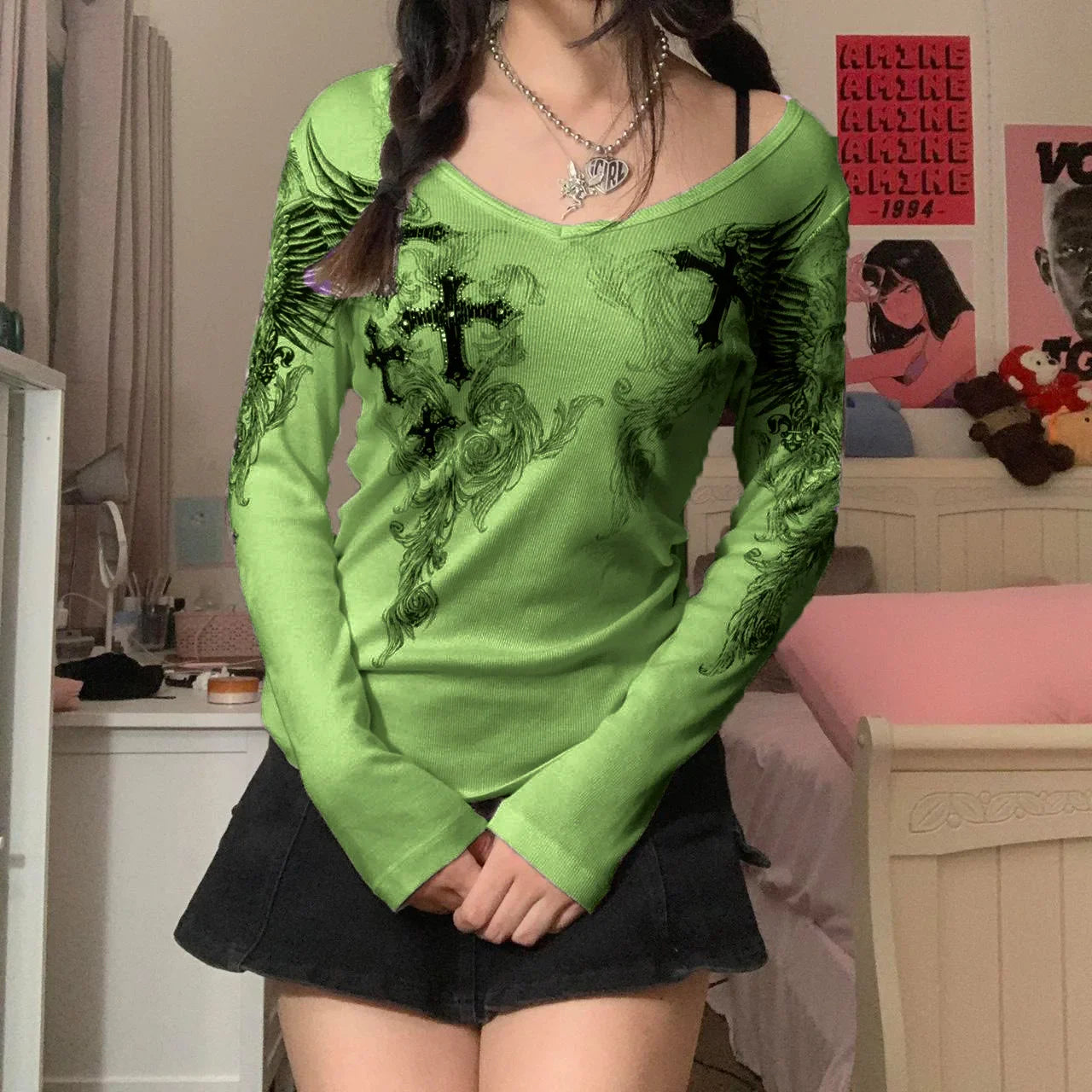 Women's Long Sleeve Graphic T-shirt with Cross Wings Print Shallow V Neck Y2k Punk Harajuku Streetwear Top