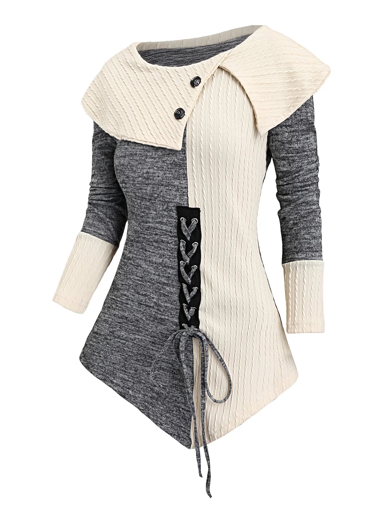 Lace-Up Decoration Lapel Collar Imitation Button Hem Long Sleeve Autumn Winter Shirt