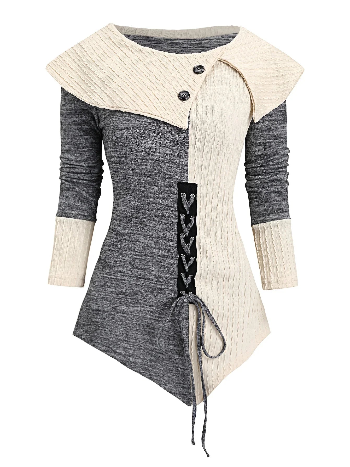 Lace-Up Decoration Lapel Collar Imitation Button Hem Long Sleeve Autumn Winter Shirt